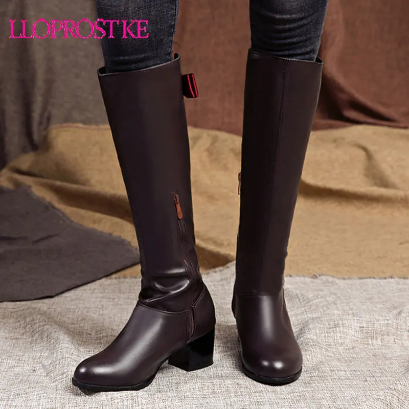 Lloprost ke/Големи размери 33-50, ботуши до коляното, женски есенно-зимни ботуши с цип от мека изкуствена кожа на висок ток в ретро стил с пеперуда, женски обувки Изображение 0 
