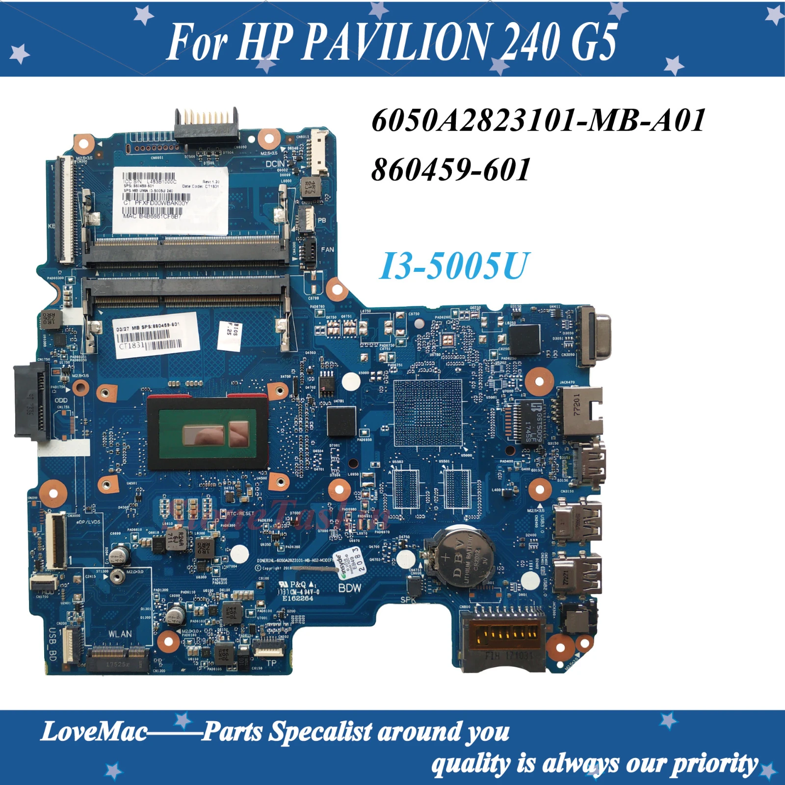 Високо качество на 860459-601 за HP 240 дънна Платка за лаптоп серия G5 6050A2823101-MB-A01 I3-5005U DDR3 100% Тествана