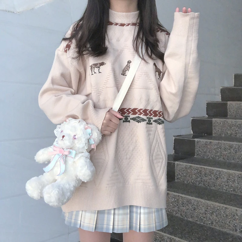 Пуловер женски 2020 Пролет Нов Стил Корейски стил сладък пуловер с бродерия на горно облекло с имитация на шията ретро свободни скок
