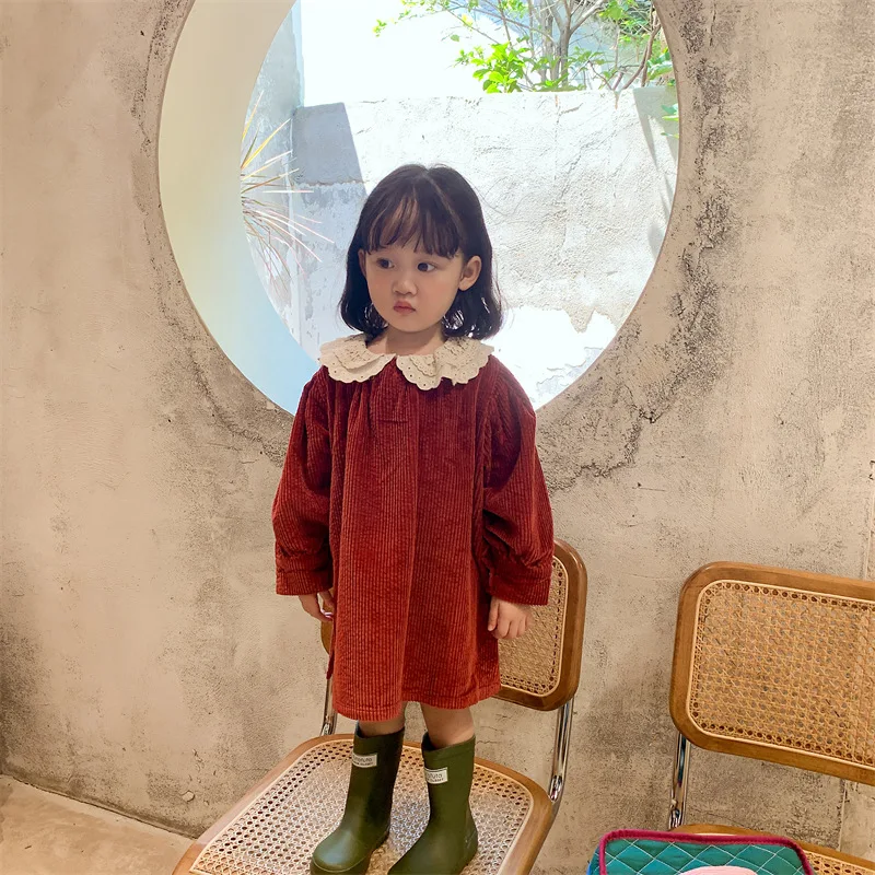 Рокля за момичета от 2021 г., Есен Нова детски дрехи в корейски стил със завързана яка, Вельветовая Модерна пола за малки момичета, детски риза