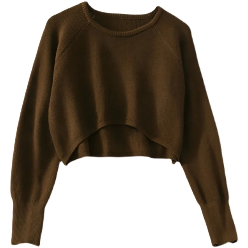 Дамски Възли Пуловери с кръгли деколтета, Къси Кратки Пуловери отпред и отзад, Топли Дамски Есенни Модни Улични Пуловери в ретро стил