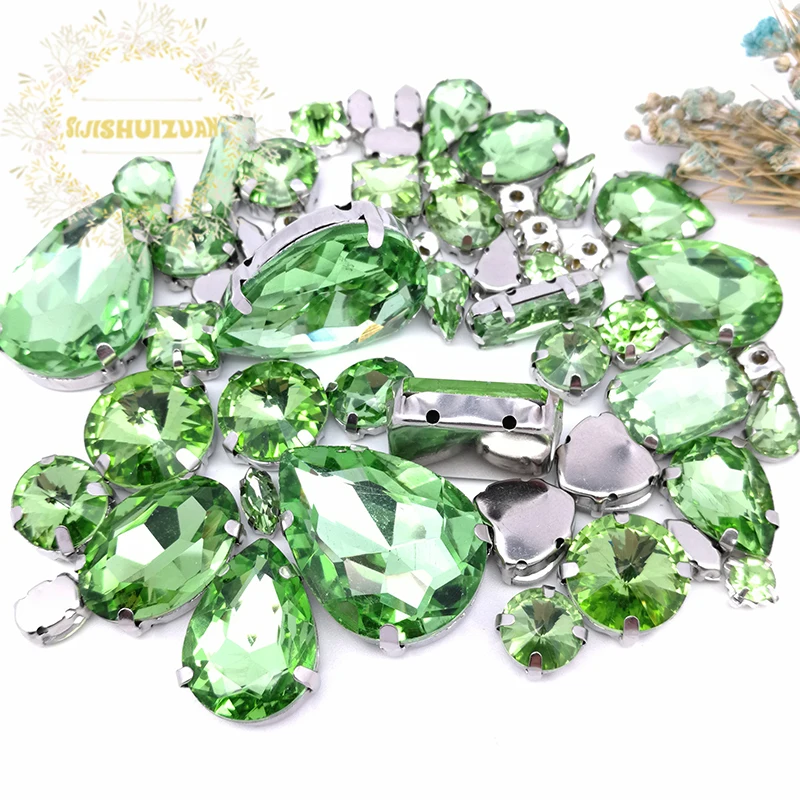 58шт 10 форми на 25 размери Микс Светло зелено форма и размери Стъклени Кристални кристали и сребро спускане САМ Аксесоари За дрехи