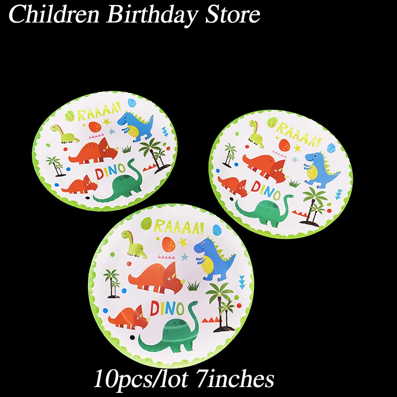 10 бр./лот 7-инчов Динозавър чинии за еднократна употреба Карикатура Динозавър на тема рожден ден украса Динозавър хартиени чинии Изображение 0 