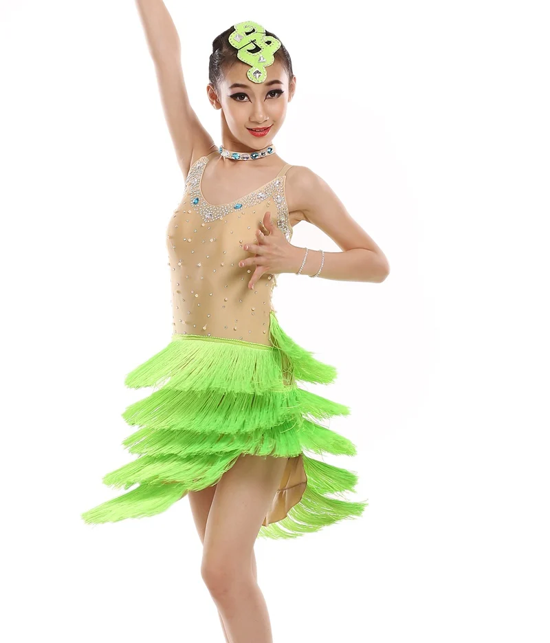 за да персонализирате момиче зелен/розов костюм за латино танци рокля танци професионален жена пискюл пайети Румба, Самба танго конкурс рокля