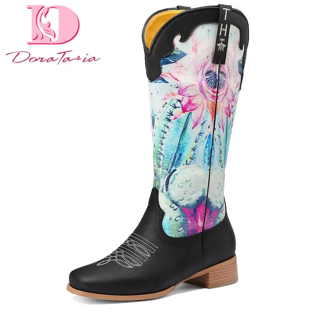 DoraTasia/Нови дамски ботуши в западен стил до средата на прасците На Високо масивна ток с остър пръсти и Принтом; дамски елегантни обувки, с бродерия ; дамски обувки