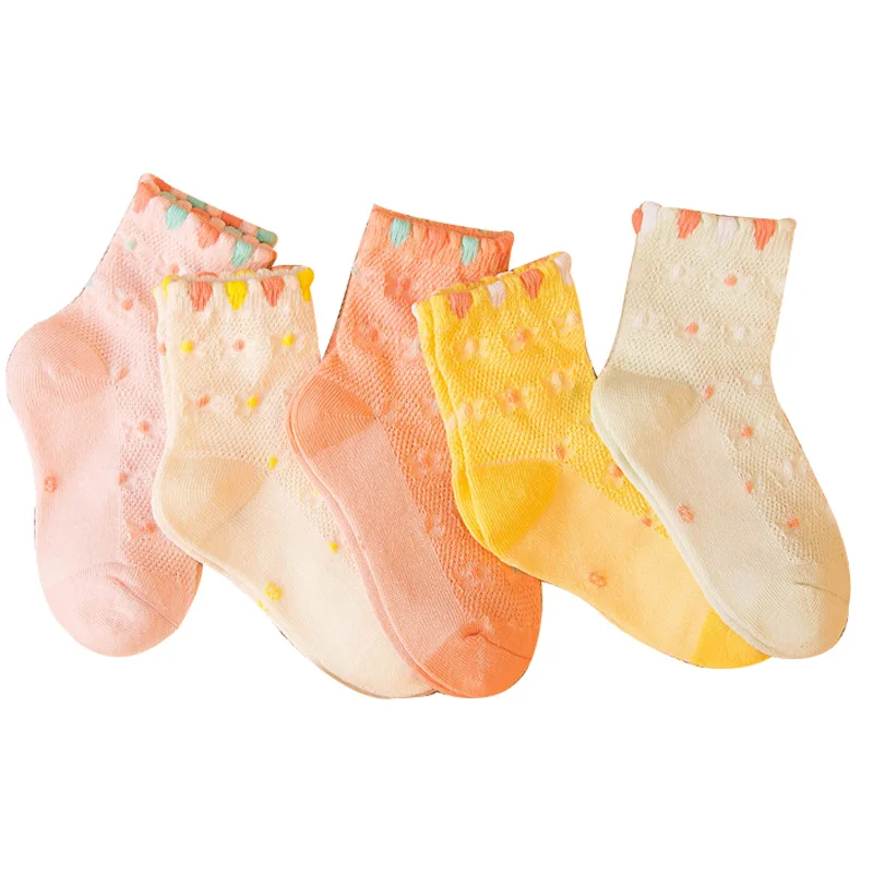 чорапи за момичета, 5 чифта/лот, 2017 г., памучни сладки бебешки чорапи от 2 до 11 години), детски чорапи с пузырчатым уста, малки чорапи с цветен печат за малките момичета