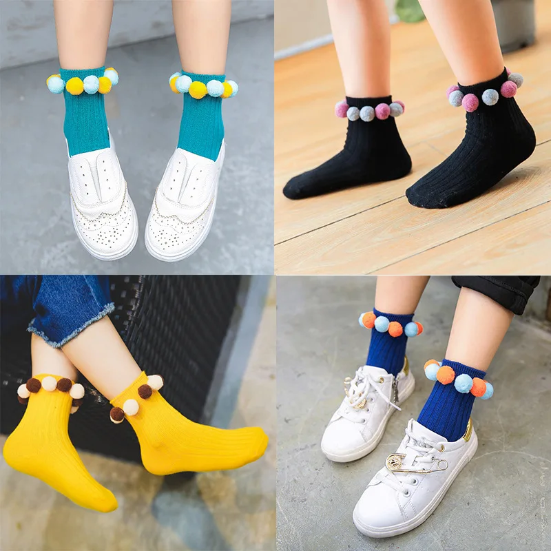1 чифт прекрасни детски чорапи, есенно-зимни творчески удобни памучни чорапи, ръчно изработени чорапи с кръгло бомбе