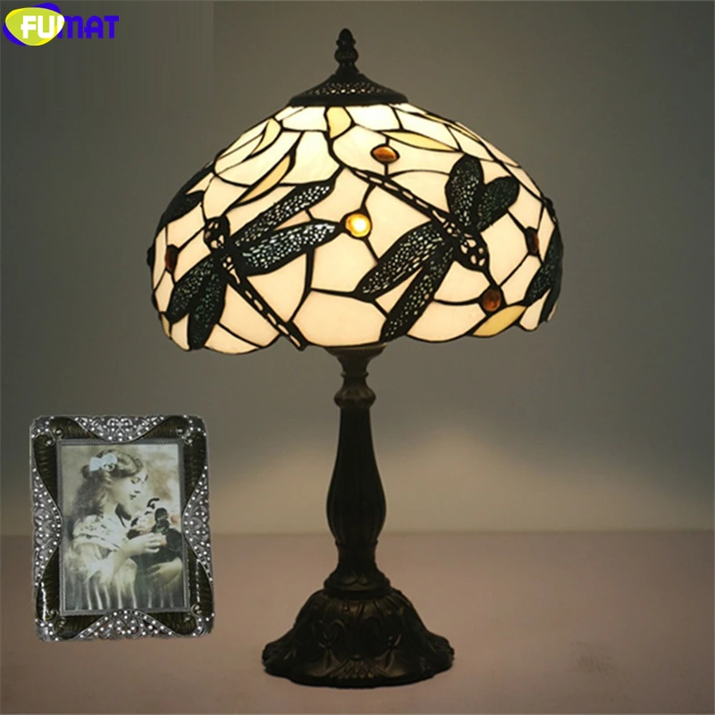Настолна лампа в стил фумат тифани, черно лампа под формата на водни кончета, 12-инчов настолна лампа от витражного стъкло, ръчна изработка, европейският сплав, рама Изображение 0 