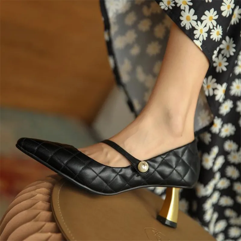 Дамски обувки на висок ток, дамски обувки Mary Jane, ежедневни тънки обувки в стил ретро на среден ток с перли, вечерни обувки на висок остър ток
