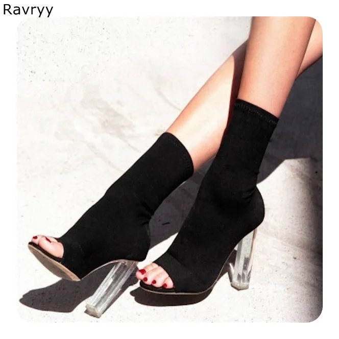 Ins/Модни прозрачни дамски къси сандали на квадратен ток; черни ластични ботильоны; дамски обувки с отворени пръсти; дамски обувки без закопчалка