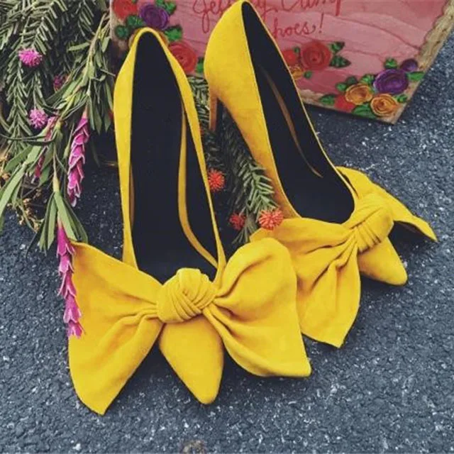 Дамски обувки-лодка от нежна жълтата велур с голям Нос-пеперуда отпред на Висок Тънък Ток 6/8/10 см, вечерни дамски обувки на Висок Ток, без закопчалка с остри пръсти
