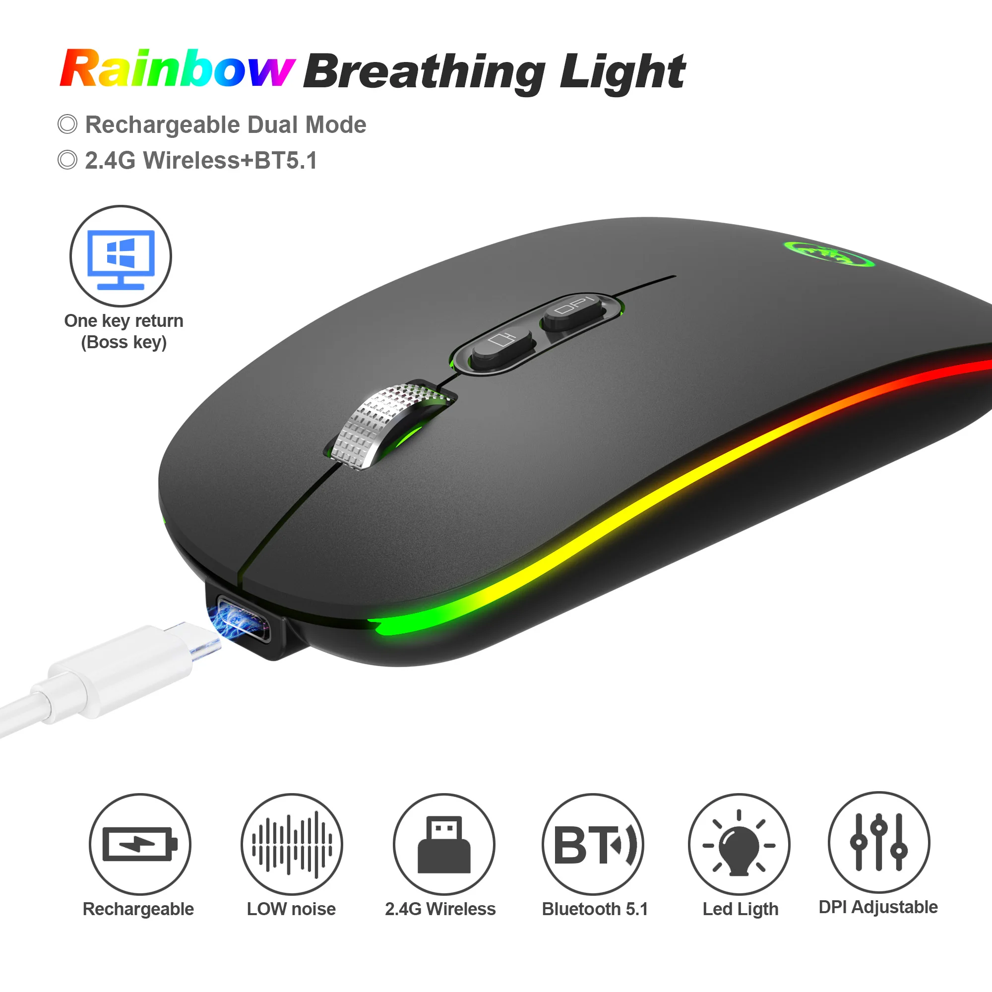 Двухрежимная Безжична мишка с 2.4 G Bluetooth 5.1 Type-C Акумулаторна 500 ma Цветна светоизлучающая Настолна Тиха мишка