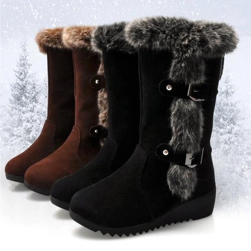 Нови зимни дамски обувки, ежедневни топли кожени ботуши до средата на прасците, дамски обувки, зимни обувки, без закопчалка на танкетке с кръгла пръсти, обувки Muje, големи размери 35-42