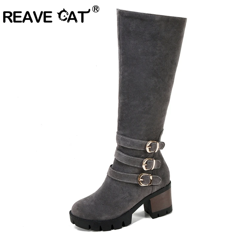 REAVE CAT/Дамски ботуши до коляното на дебелите обувки, Зимни топли обувки от Флока с кръгло бомбе, Модни обувки, Качествени обувки, обувки с цип, A866