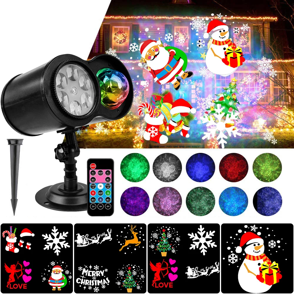 14 Модела, 10 Цвята, лека нощ с водна вълна, 100-240 В, Водоустойчив Коледен проектор, 2-в-1, Проекторная лампа, Интериор за спални