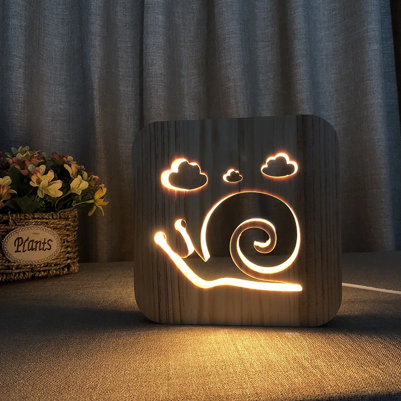 3D Дървена Охлюв Лампа Скандинавски Спалня Дървена нощна светлина Топло Бяло Выдолбленный Led Настолна Лампа USB Захранване за подарък на Приятел