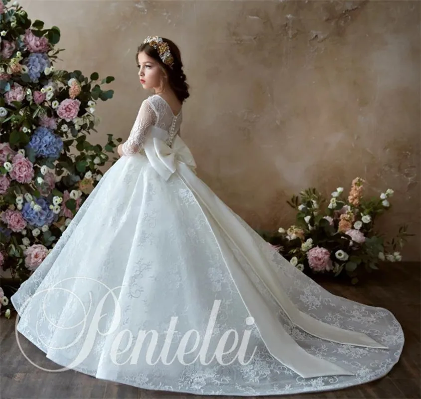 Бяла Сватбена рокля с цветя модел за Момичета, Ръкави 3/4, 3D Апликации, Принцеса Рокля за Първо Причастие, от 1 до 14 години