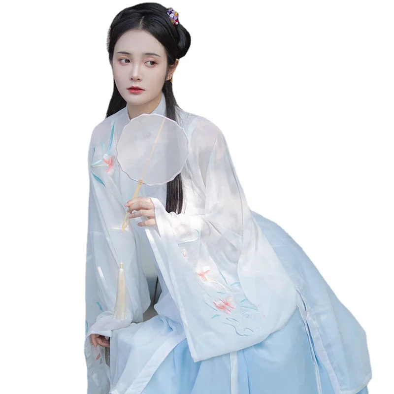 Оригинални дамски газова риза Xuanfei {Lanxi} Hanfu от Минг Hanfu, традиционната оригинална бродирани газова риза с висока деколте и големи ръкави.