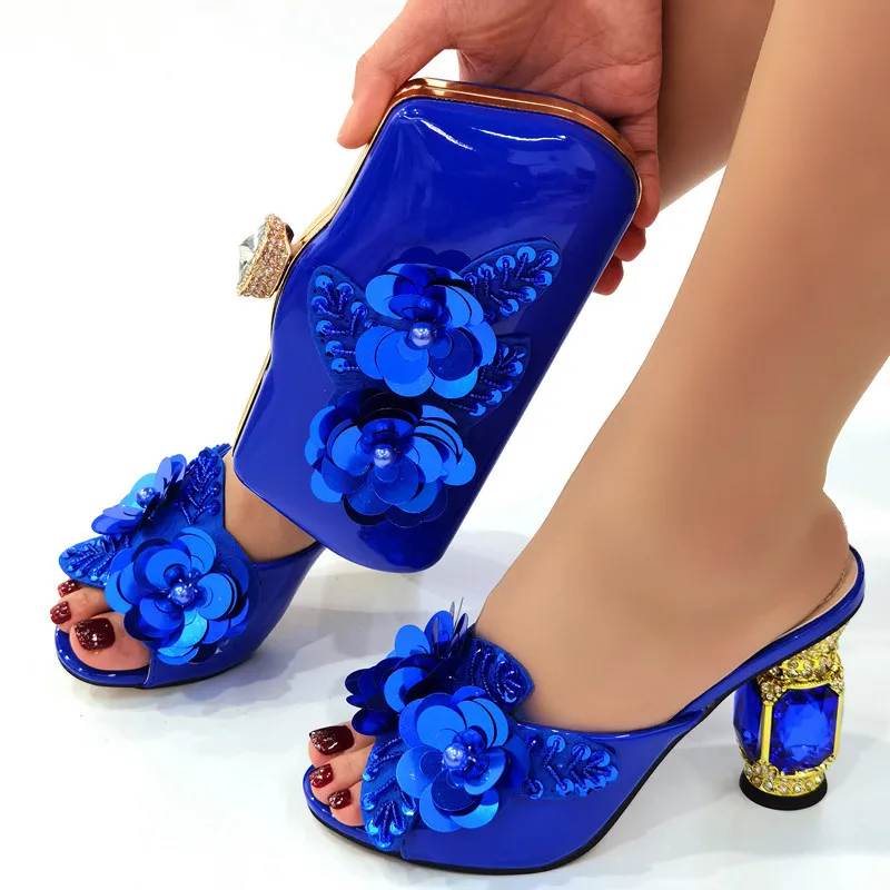 2022 г. Сини обувки в нигерия стил на много висок ток син цвят, с подходящи Торби, Комплект от обувки и чанти за партита, Женски обувки с Искрящи кристали