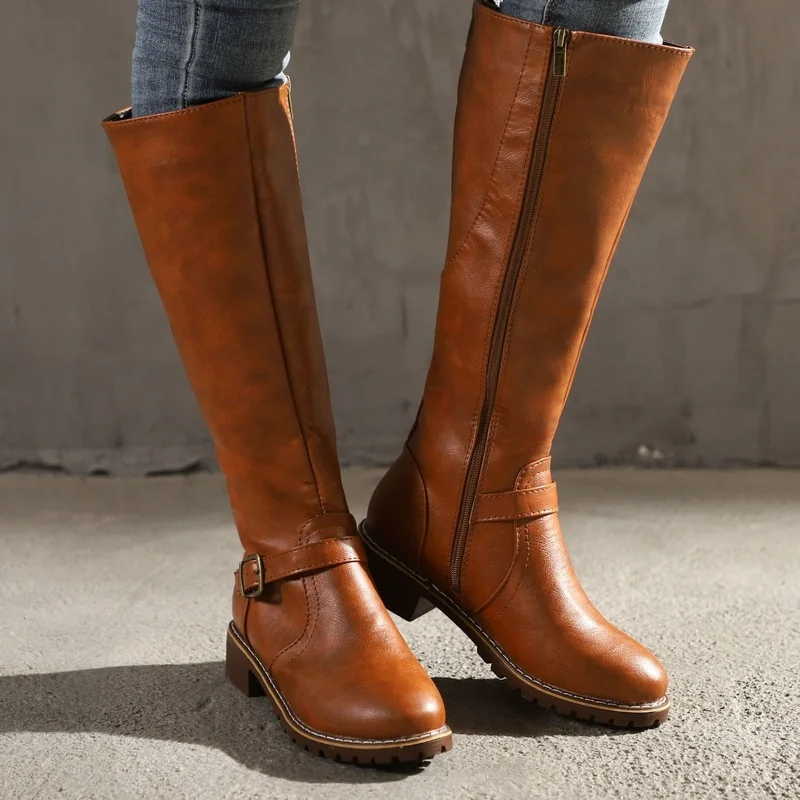Дамски ботуши до коляното, модерни ежедневни обувки на платформа с квадратна ток и мълния, есенно-зимни дамски Топли обувки, боти, по-големи Размери, дълга тръба Изображение 0 