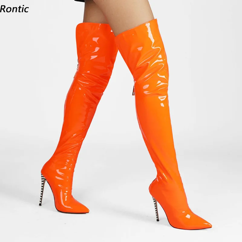 Rontic/дамски зимни ботуши над коляното с цип отзад в ивица на висок ток с остър пръсти оранжево-жълт цвят за нощен клуб, размерът на САЩ 5-15