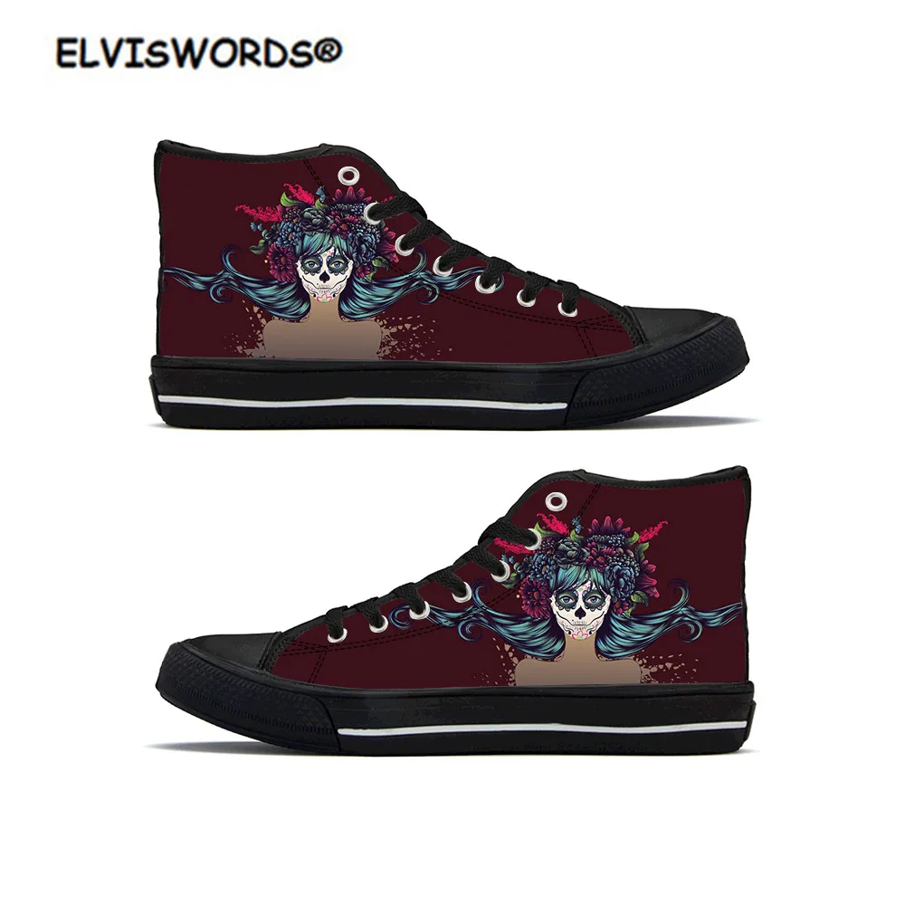 ELVISWORDS/ Дамски ежедневни маратонки с принтом Деня на мъртвите и на черепа; вулканизированная дамски обувки с висок берцем; дамски обувки на плоска подметка с шнур