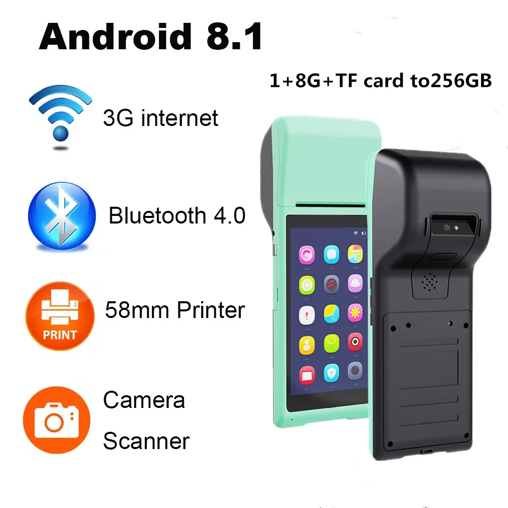 Android POS-терминал за предаване на данни PDA Четец баркод Фотоапарат 1D 2D QR Скенера Безжичната функция Bluetooth, Wifi Вграден Термопринтер