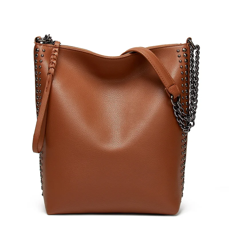 Луксозни универсални дамски чанти-кофи от кожа с нитове през рамо, 2022, чанта на верига, Женствена чанта През рамо, Дизайнерска чанта-месинджър bolsos