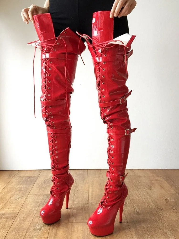 Пикантни ботуши над коляното От Червена лакирана кожа Queen Legg на висок ток 15 см, дамски обувки за танци на един стълб, дамски Обувки На платформа, Botas Mujer