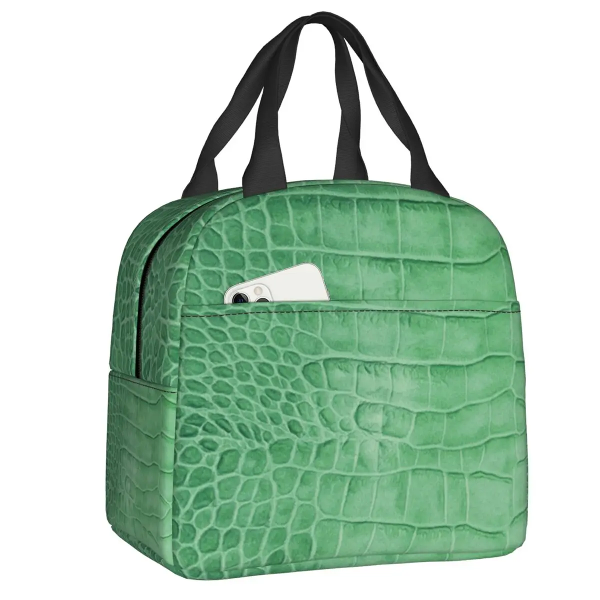 Croco Кожена Зелена Изолирано Чанта за Обяд за Жени от Крокодилска Кожа с Принтом Термален Охладител Bento Box Плажа на Къмпинг, за Пътуване
