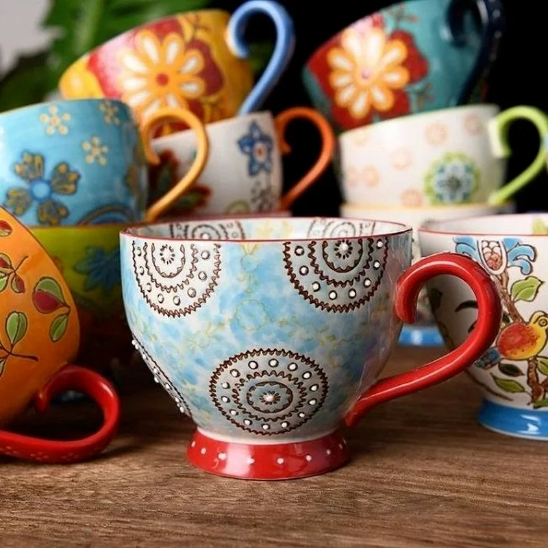 Керамични Чаши за Кафе и Чаша Голям Капацитет Ръчно Рисувани Цветя Домакински Офис С Помощта на Порцеланови Творческа Чаши За Пиене на Вода