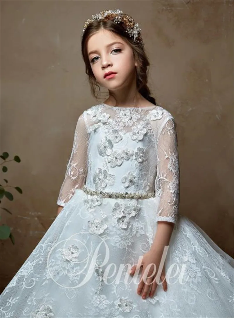 Бяла Сватбена рокля с цветя модел за Момичета, Ръкави 3/4, 3D Апликации, Принцеса Рокля за Първо Причастие, от 1 до 14 години Изображение 1 