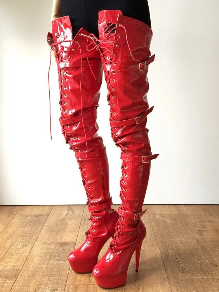 Пикантни ботуши над коляното От Червена лакирана кожа Queen Legg на висок ток 15 см, дамски обувки за танци на един стълб, дамски Обувки На платформа, Botas Mujer Изображение 1 