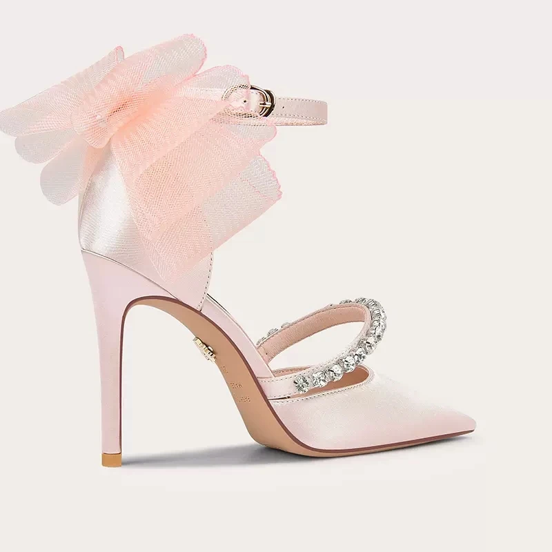 Пролет-лято нови генитални розови сандали с лък на копринени паравани и диаманти, вечерна рокля в тънките високи токчета, дамски сандали голям малък размер Изображение 1 