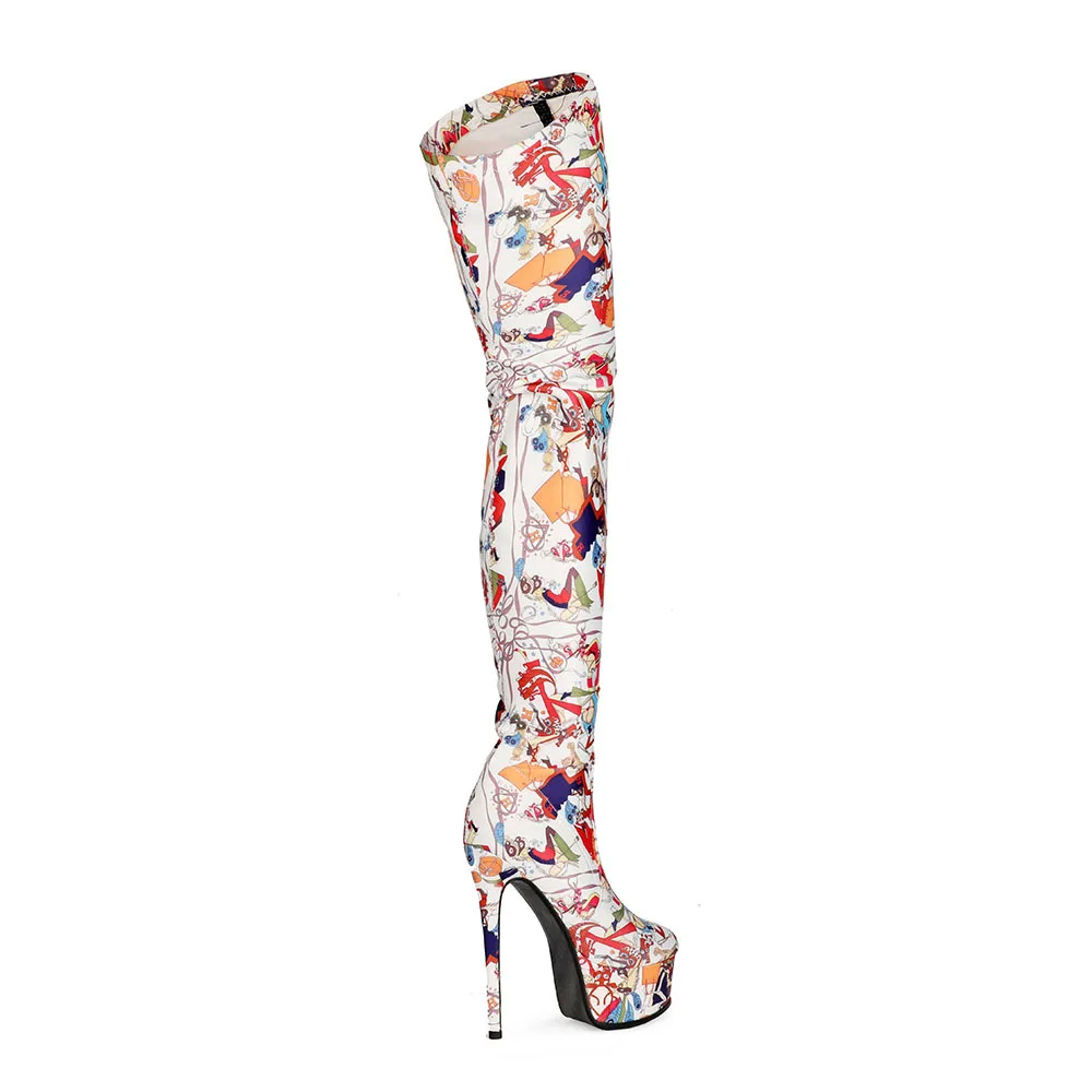 Модерен дамски ботуши до бедрото, с улични графити, подходящи по цвят дамски обувки Four seasons, чубрица обувки на платформа и дебела подметка на висок ток Изображение 2 