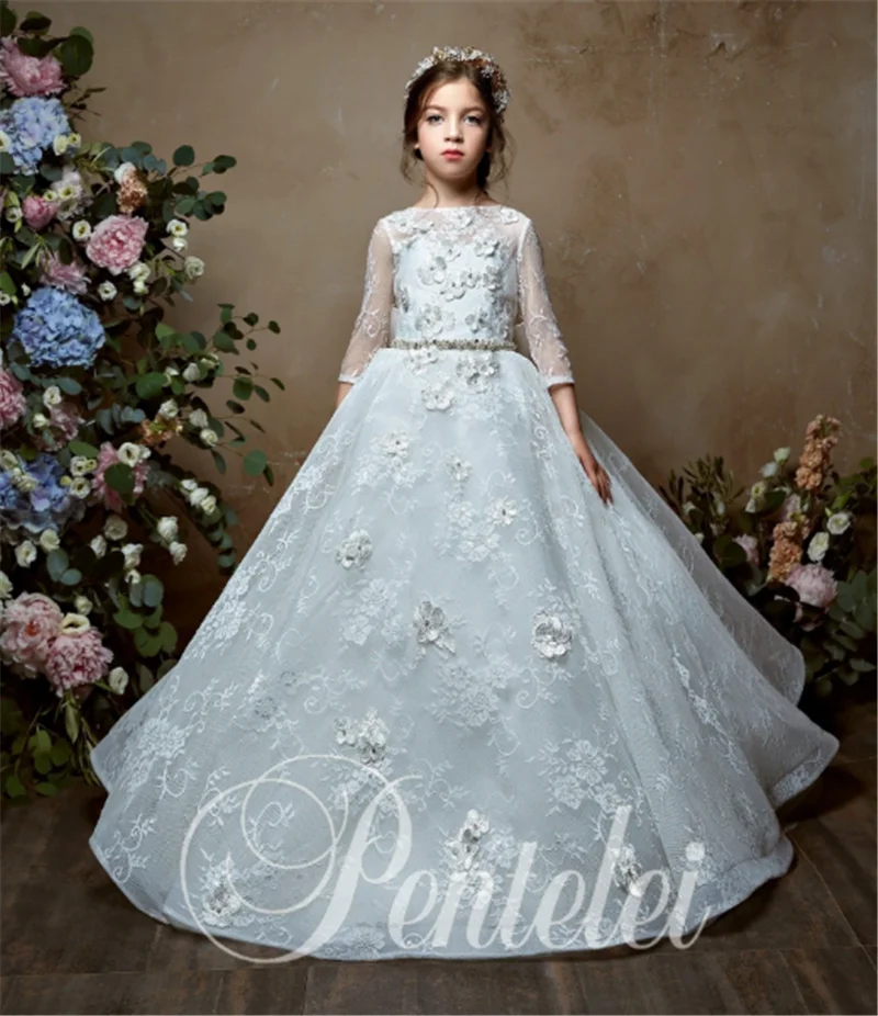 Бяла Сватбена рокля с цветя модел за Момичета, Ръкави 3/4, 3D Апликации, Принцеса Рокля за Първо Причастие, от 1 до 14 години Изображение 2 