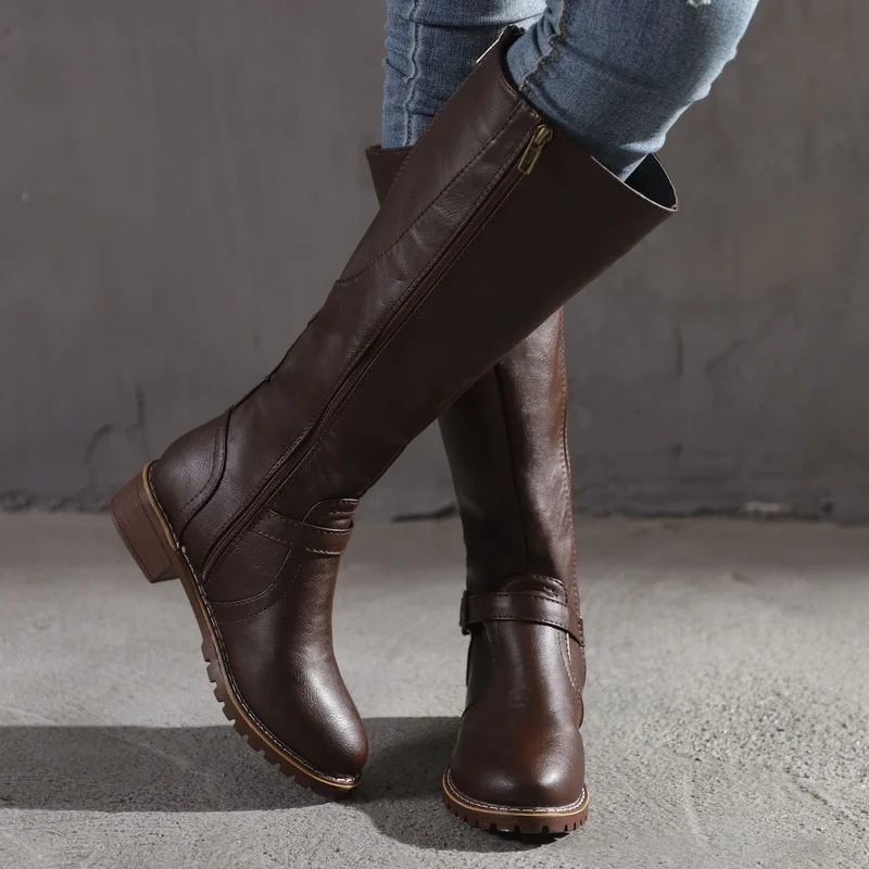 Дамски ботуши до коляното, модерни ежедневни обувки на платформа с квадратна ток и мълния, есенно-зимни дамски Топли обувки, боти, по-големи Размери, дълга тръба Изображение 2 