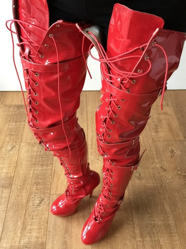 Пикантни ботуши над коляното От Червена лакирана кожа Queen Legg на висок ток 15 см, дамски обувки за танци на един стълб, дамски Обувки На платформа, Botas Mujer Изображение 2 