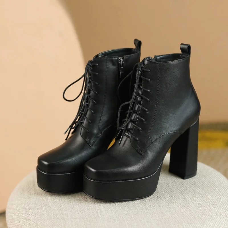 Arden Фуртадо/2021 г. Есенно-зимните модни Офис женски обувки с квадратни пръсти от естествена кожа, Елегантни дамски ботильоны на масивна ток с шнур Изображение 2 