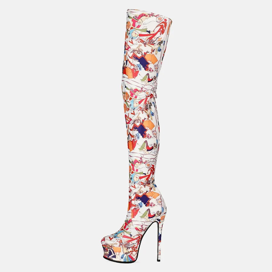 Модерен дамски ботуши до бедрото, с улични графити, подходящи по цвят дамски обувки Four seasons, чубрица обувки на платформа и дебела подметка на висок ток Изображение 3 