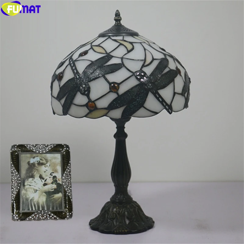Настолна лампа в стил фумат тифани, черно лампа под формата на водни кончета, 12-инчов настолна лампа от витражного стъкло, ръчна изработка, европейският сплав, рама Изображение 3 