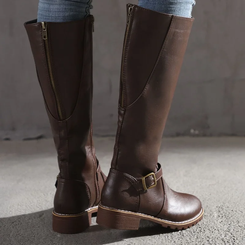 Дамски ботуши до коляното, модерни ежедневни обувки на платформа с квадратна ток и мълния, есенно-зимни дамски Топли обувки, боти, по-големи Размери, дълга тръба Изображение 3 