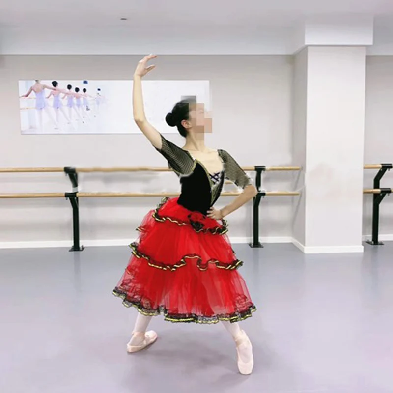 Висококачествени Професионални Индивидуални опции Tang Haode с къс ръкав и Къси Завои, испански Червени Дантелени Поли, балетное рокля Изображение 3 