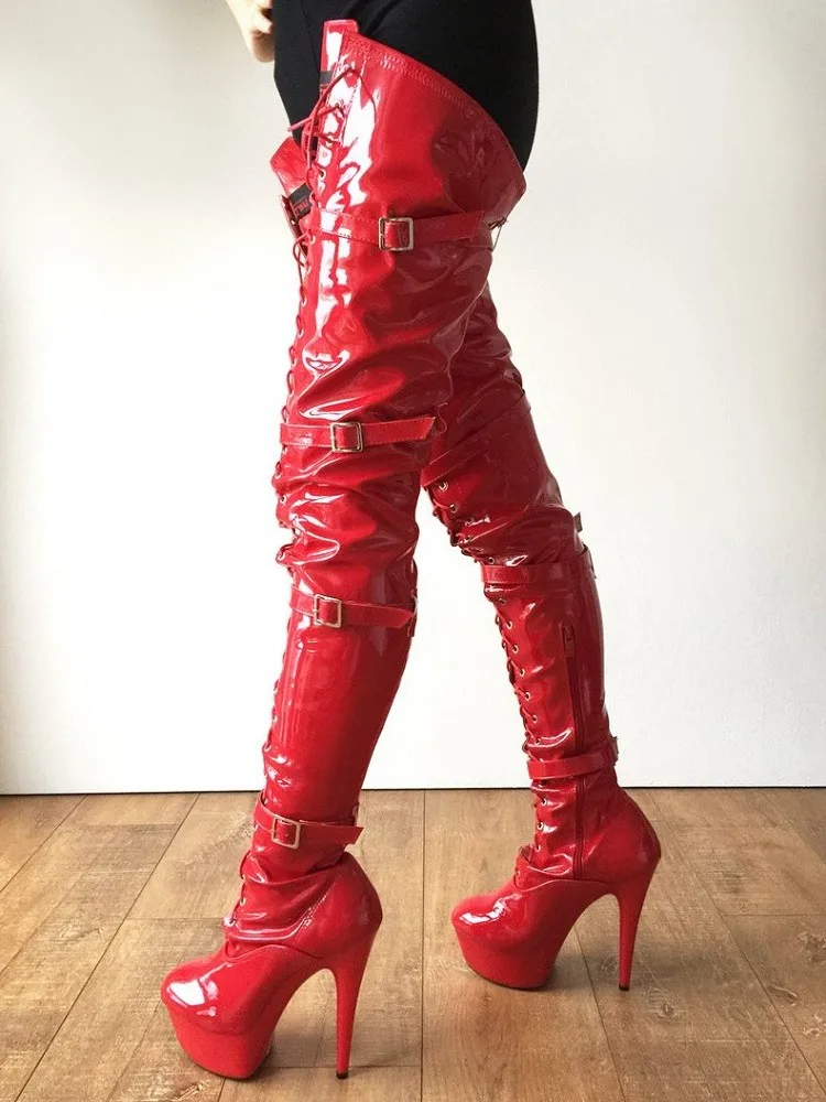 Пикантни ботуши над коляното От Червена лакирана кожа Queen Legg на висок ток 15 см, дамски обувки за танци на един стълб, дамски Обувки На платформа, Botas Mujer Изображение 3 