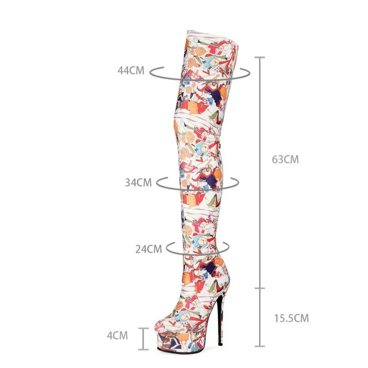 Модерен дамски ботуши до бедрото, с улични графити, подходящи по цвят дамски обувки Four seasons, чубрица обувки на платформа и дебела подметка на висок ток Изображение 4 
