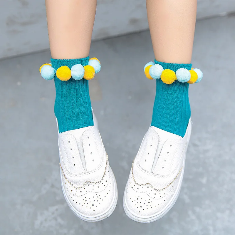 1 чифт прекрасни детски чорапи, есенно-зимни творчески удобни памучни чорапи, ръчно изработени чорапи с кръгло бомбе Изображение 4 