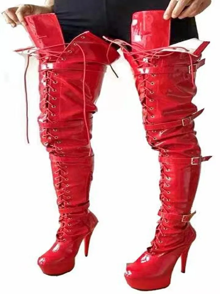 Пикантни ботуши над коляното От Червена лакирана кожа Queen Legg на висок ток 15 см, дамски обувки за танци на един стълб, дамски Обувки На платформа, Botas Mujer Изображение 4 