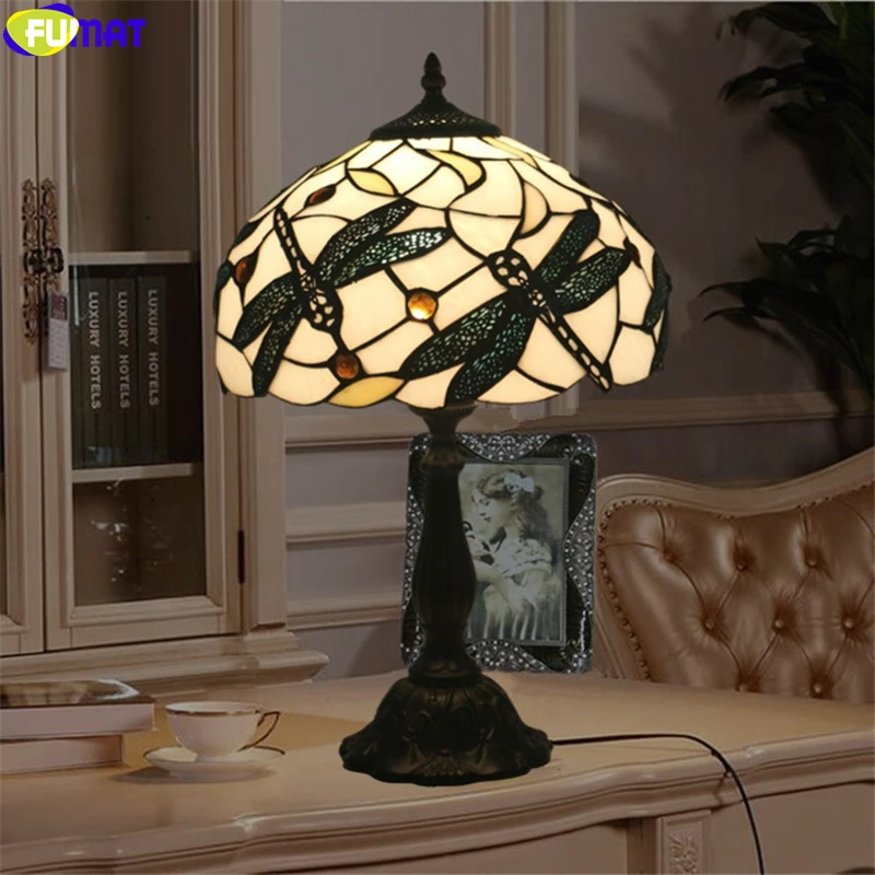 Настолна лампа в стил фумат тифани, черно лампа под формата на водни кончета, 12-инчов настолна лампа от витражного стъкло, ръчна изработка, европейският сплав, рама Изображение 5 
