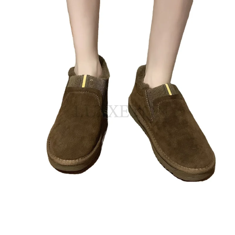 Дамски памучни нови обувки с ниско деколте на плосък ток и Кръг пръсти от Изкуствена вълна с ниска шнорхел, Зимните Модни домашни Топли Изображение 5 