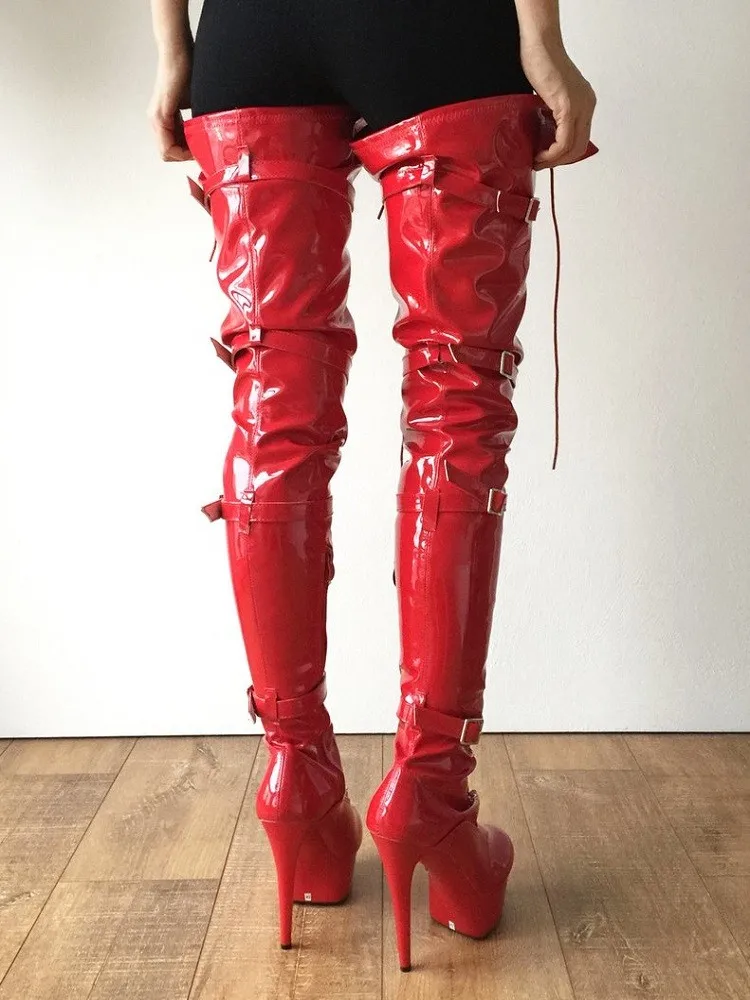 Пикантни ботуши над коляното От Червена лакирана кожа Queen Legg на висок ток 15 см, дамски обувки за танци на един стълб, дамски Обувки На платформа, Botas Mujer Изображение 5 